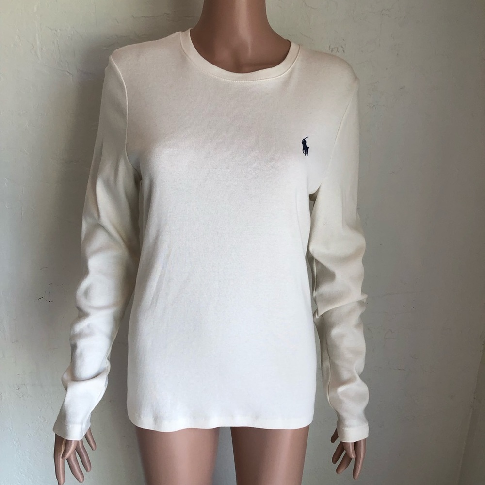 Ralph Lauren Sports Cream Long Sleeve Polo Logo Tee Women’s Size XL Slim-Fit